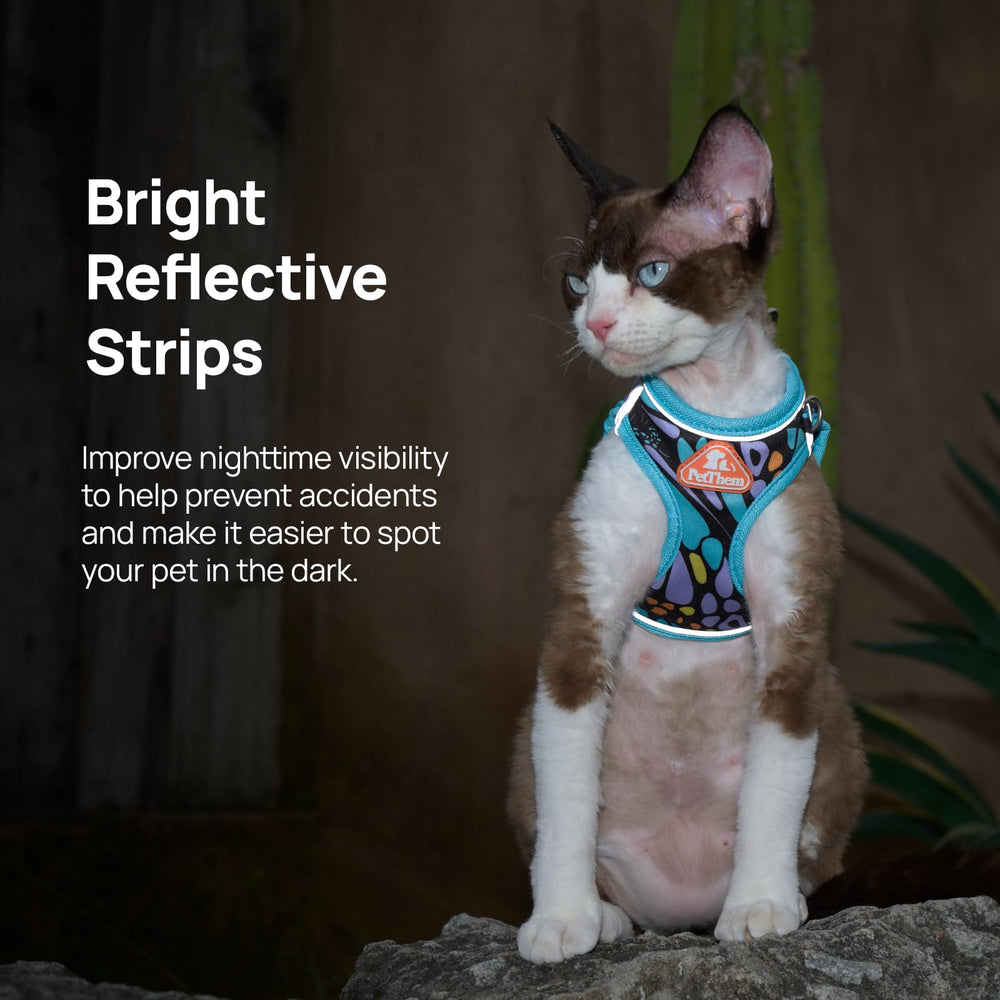 Harnais PetThem ajustable pour chats de toutes tailles, port confortable.