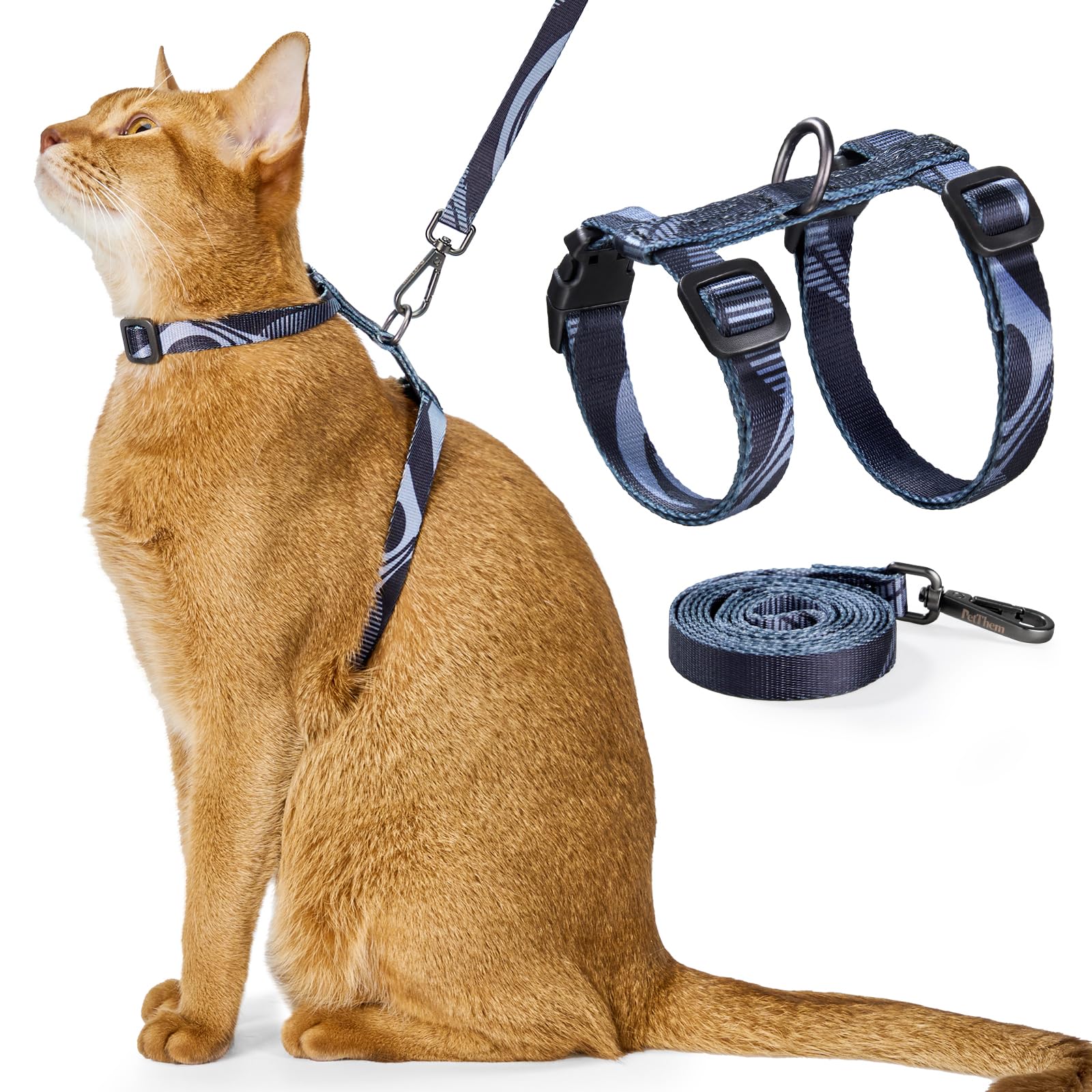 Harnais PetThem anti-échappement pour chats, idéal pour promenades sûres.