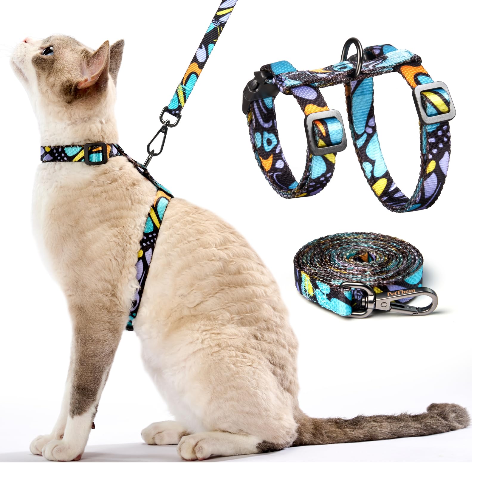 Harnais chat PetThem échappe-impossible bleu, sécurité renforcée lors des promenades.