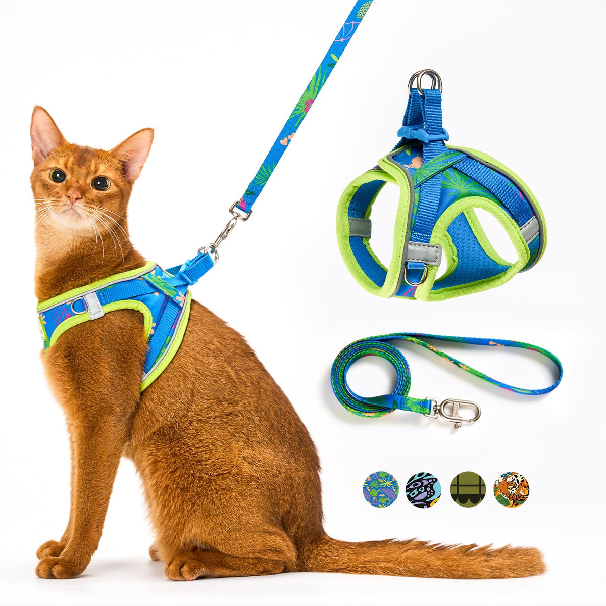 Harnais PetThem Hawaii Green enveloppant le corps du chat pour confort et sécurité