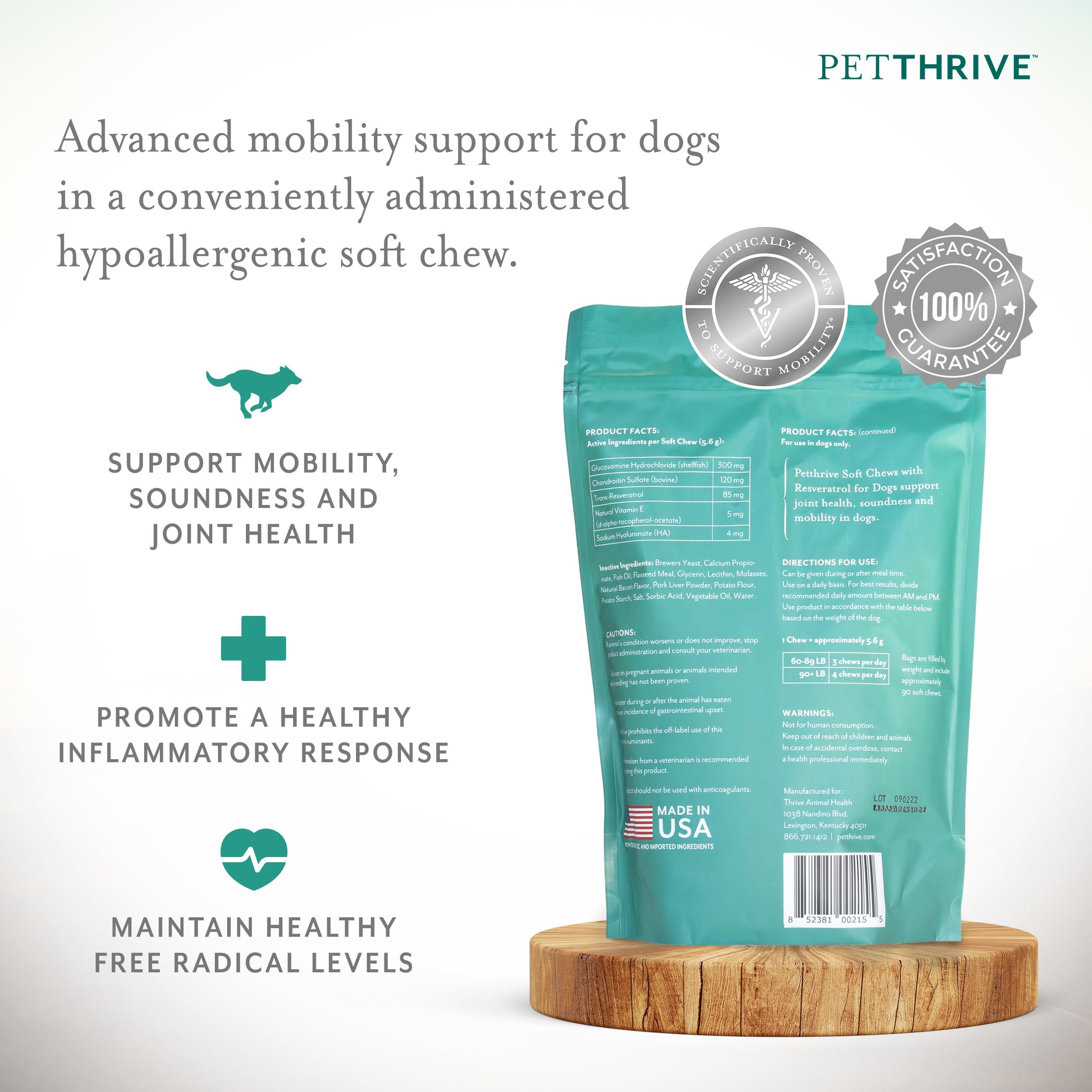 PetThrive friandises-articulations-saveur bacon présentées comme récompense savoureuse pour articulations.