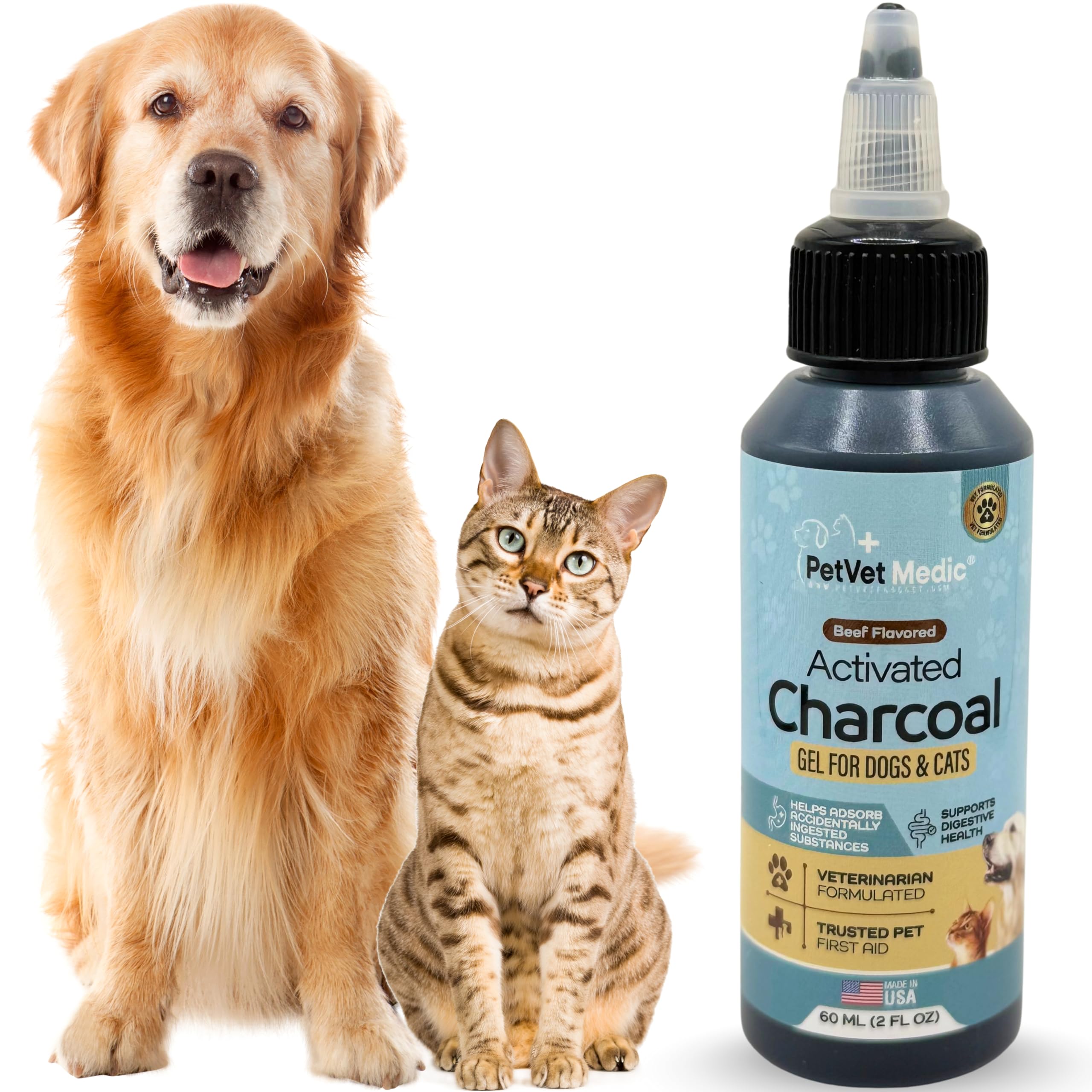 Gel Charbon Actif PetVet Medic au goût boeuf, emballage 60 ml prêt pour premiers secours.