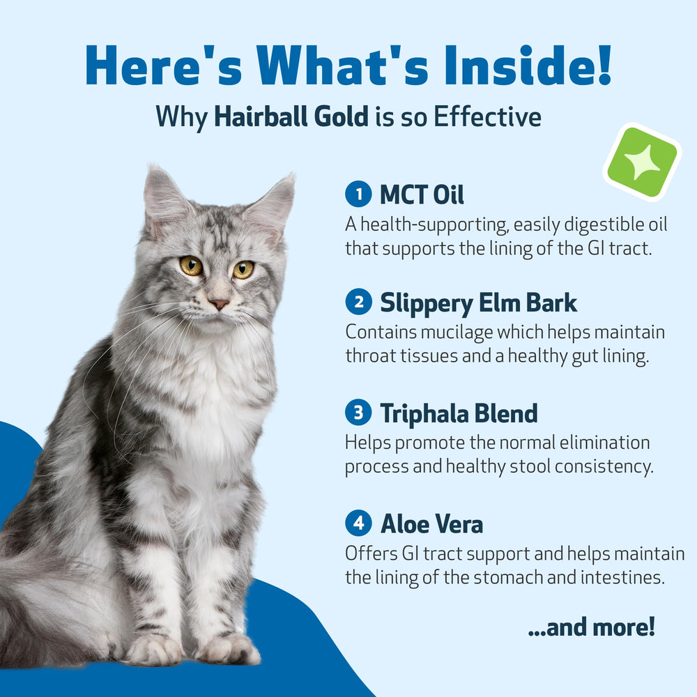 Ingrédients guimauve dans Hairball Gold pour confort digestif félin.