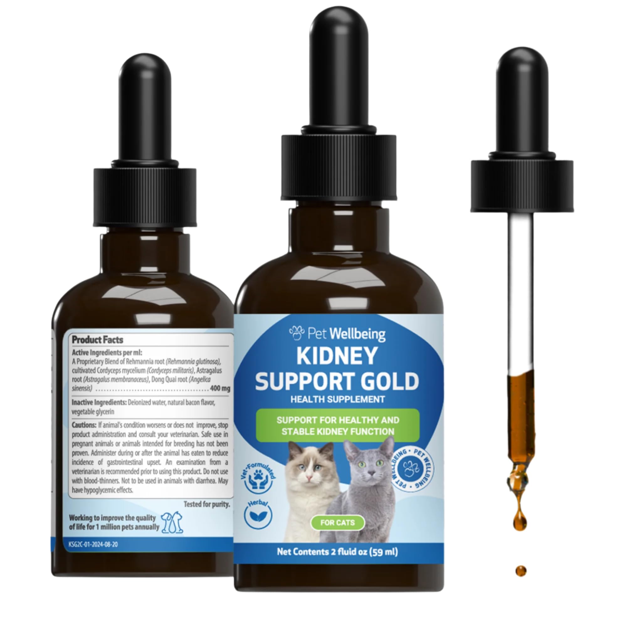 Pet Wellbeing Kidney Support Gold – bouteille de 2 onces prête à l'administration quotidienne.