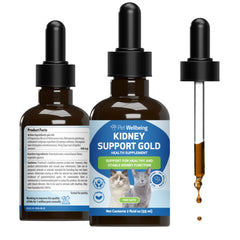 Pet Wellbeing Kidney Support Gold – bouteille de 2 onces prête à l'administration quotidienne.