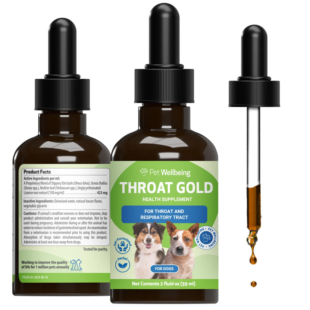 Pet Wellbeing Throat Gold – Bouteille 60ml prête à l'emploi pour le confort de la gorge.