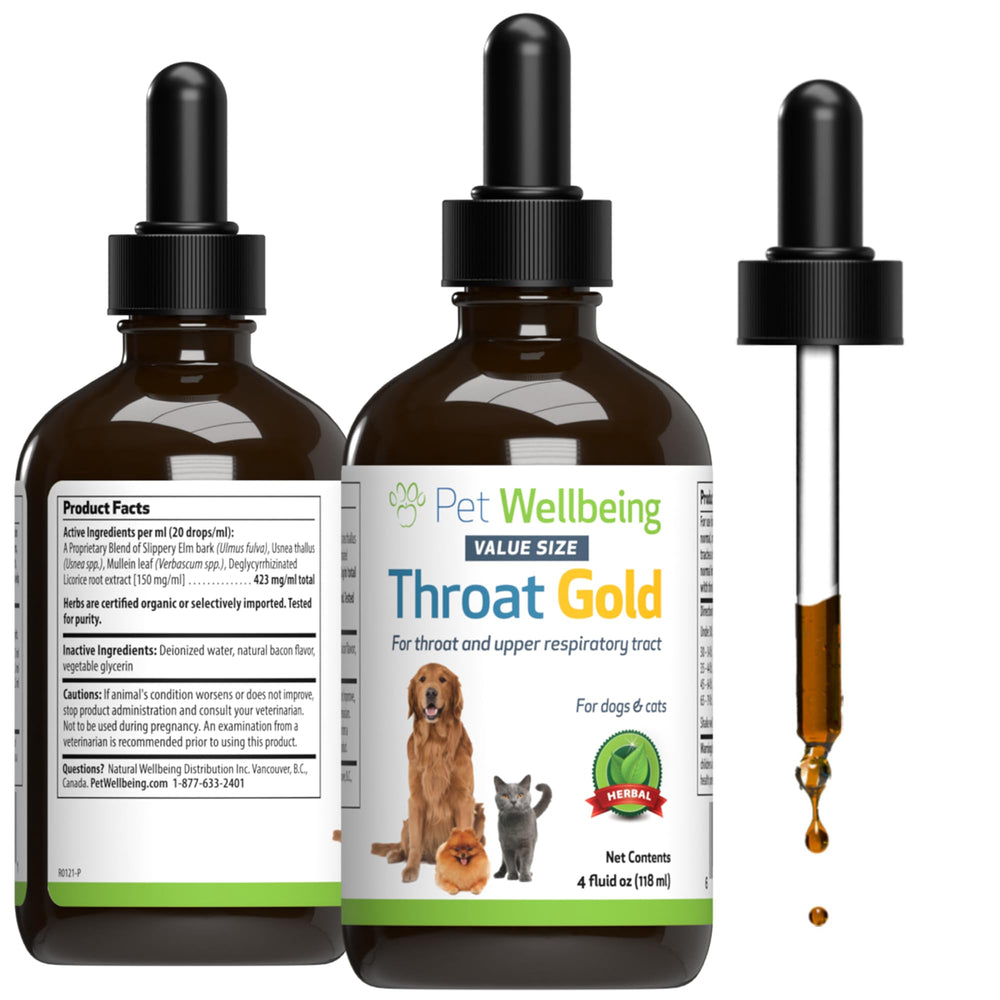 Pet Wellbeing Throat Gold – bouteille pratique facilitant le dosage quotidien pour la gorge.