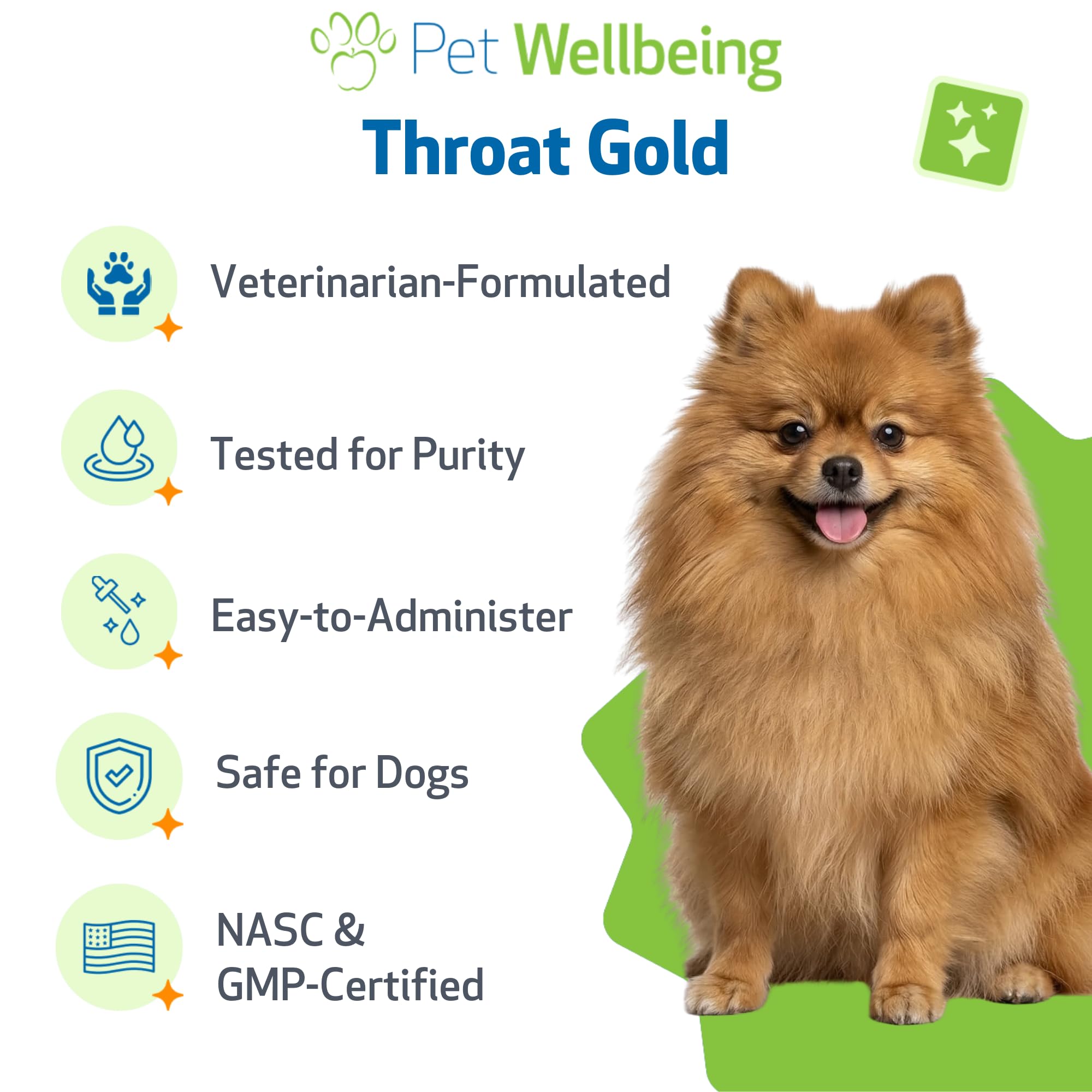 Pet Wellbeing Throat Gold – Produit fabriqué aux États‑Unis dans des installations conformes.