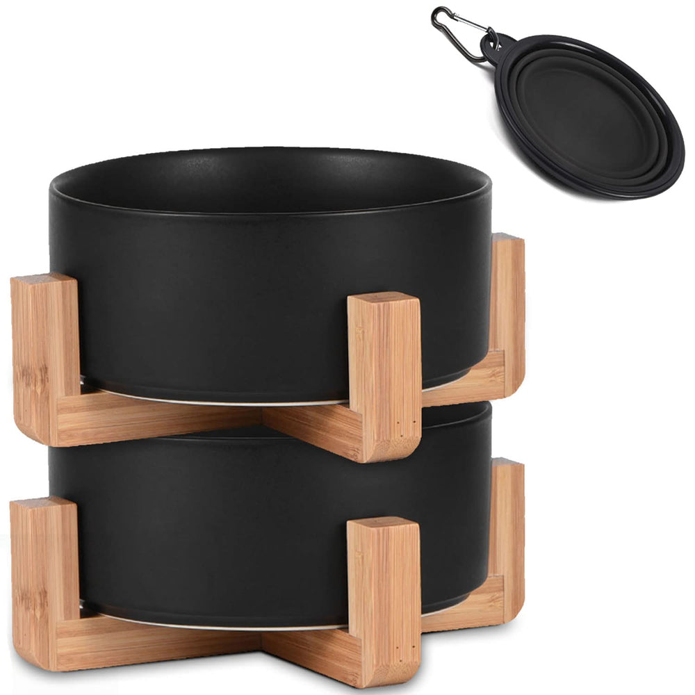 Petygooing bol céramique noir sur support en bois pour chien stable