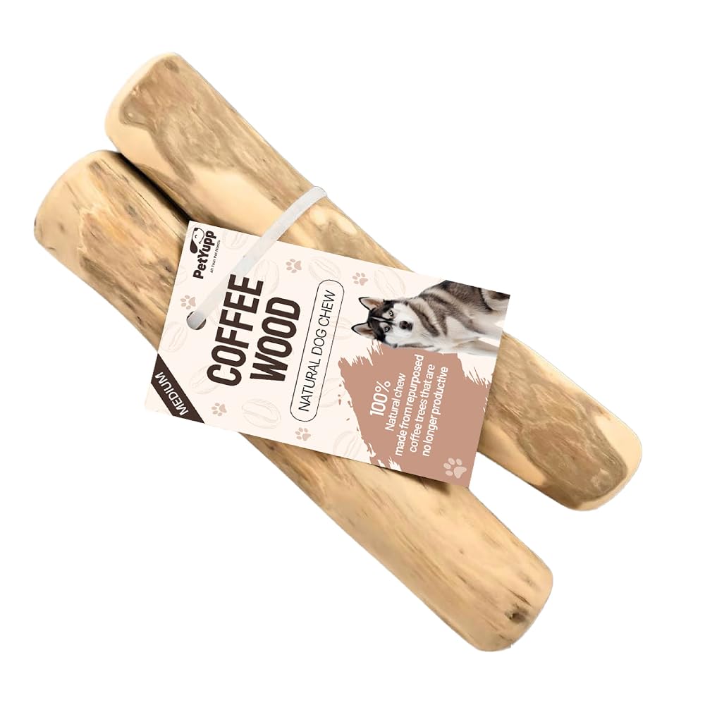 PetYupp deux-pack baton bois cafe — emballage visible, mastication durable pour chiens actifs.