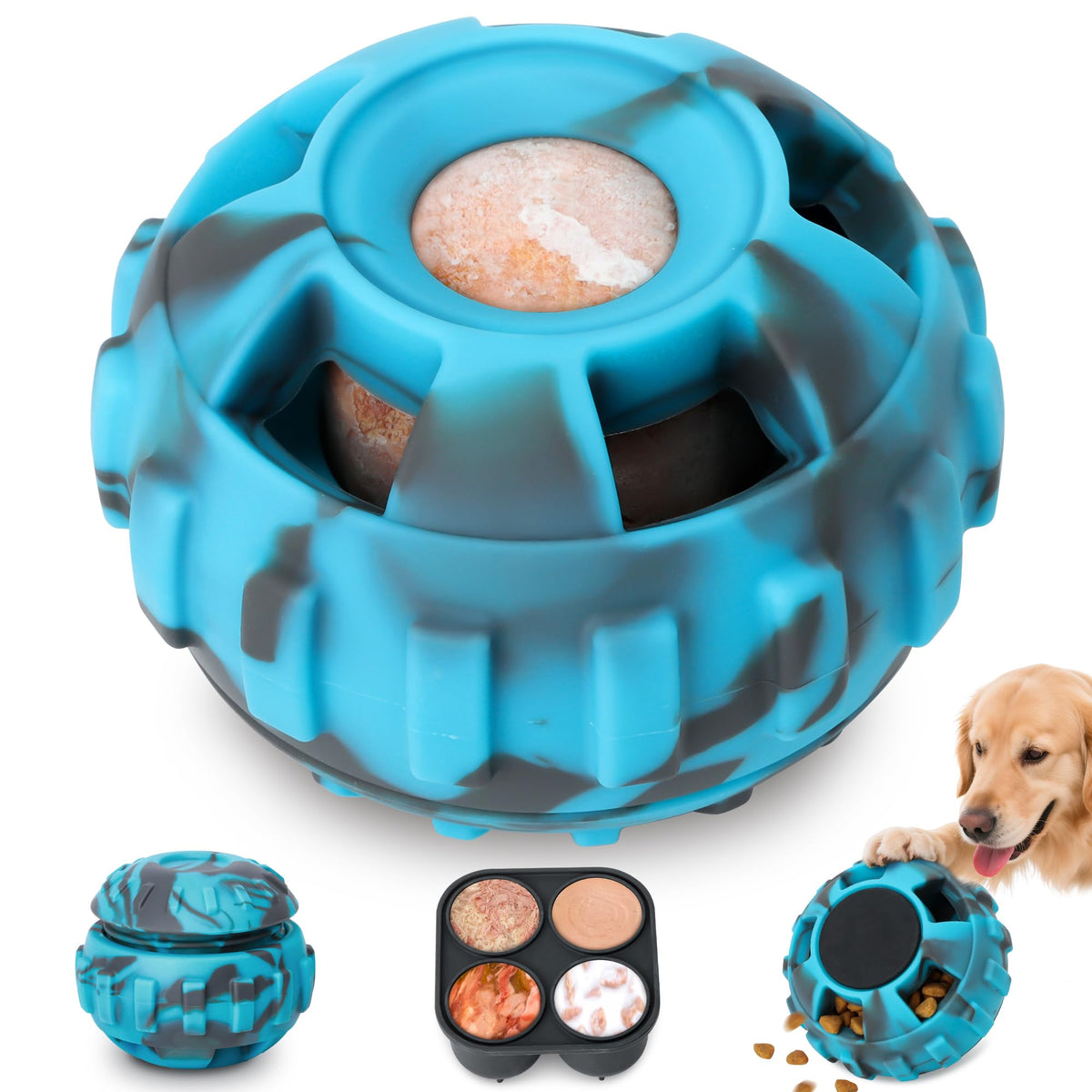 Jouet distributeur PetZee bleu, stimule l’enrichissement et l’intérêt du chien.