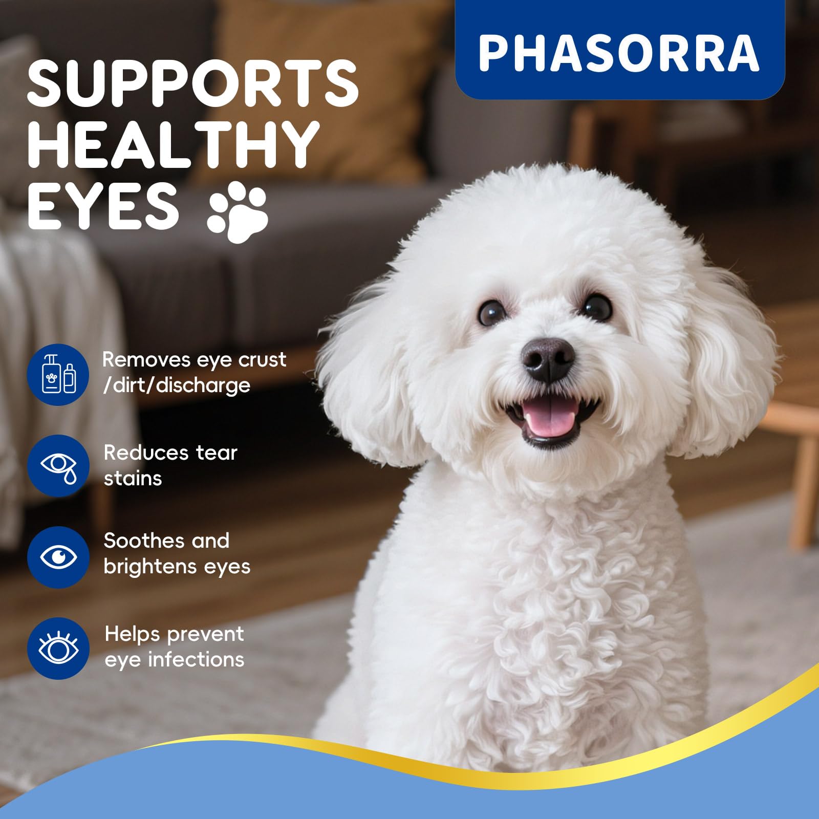 PHASORRA lingettes yeux chien chat — grande taille 3 pouces pour nettoyer les deux yeux rapidement.