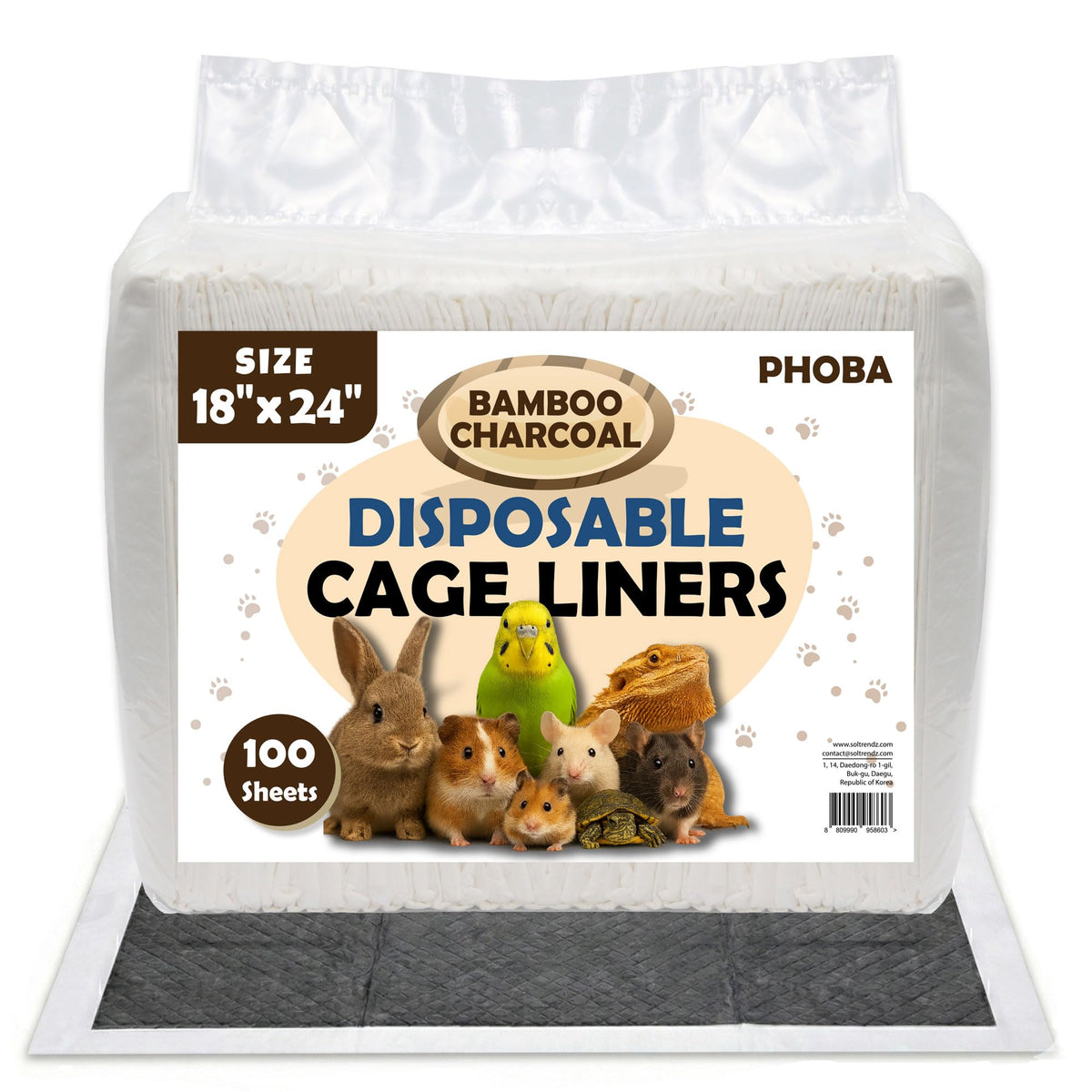 PHOBA Charbon Bambou — emballage de 100 feuilles, contrôle des odeurs autour de la cage.