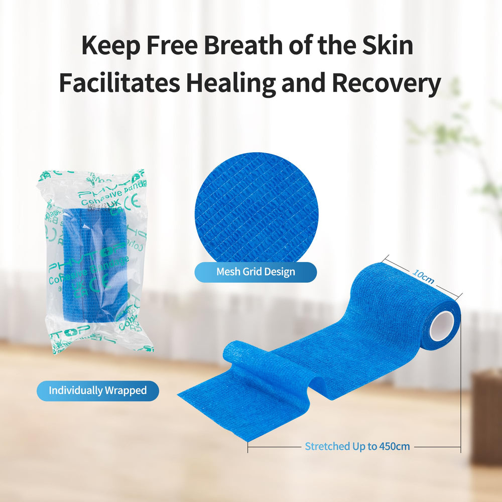 Bandage adhésif PHYTOP bleu sur les doigts, fixation sans outils.