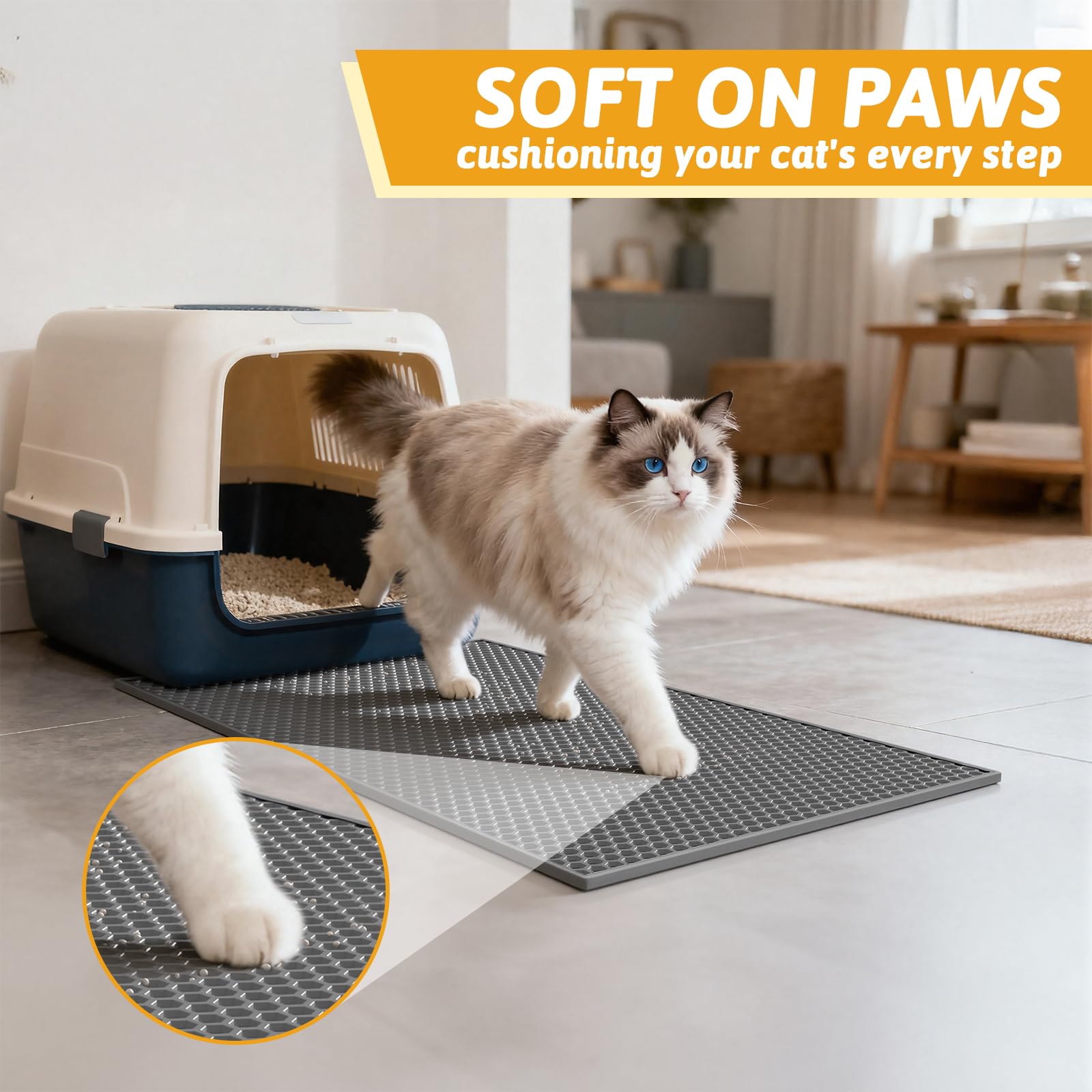 Pieviev tapis litière confort pour les pattes sensibles des chats.