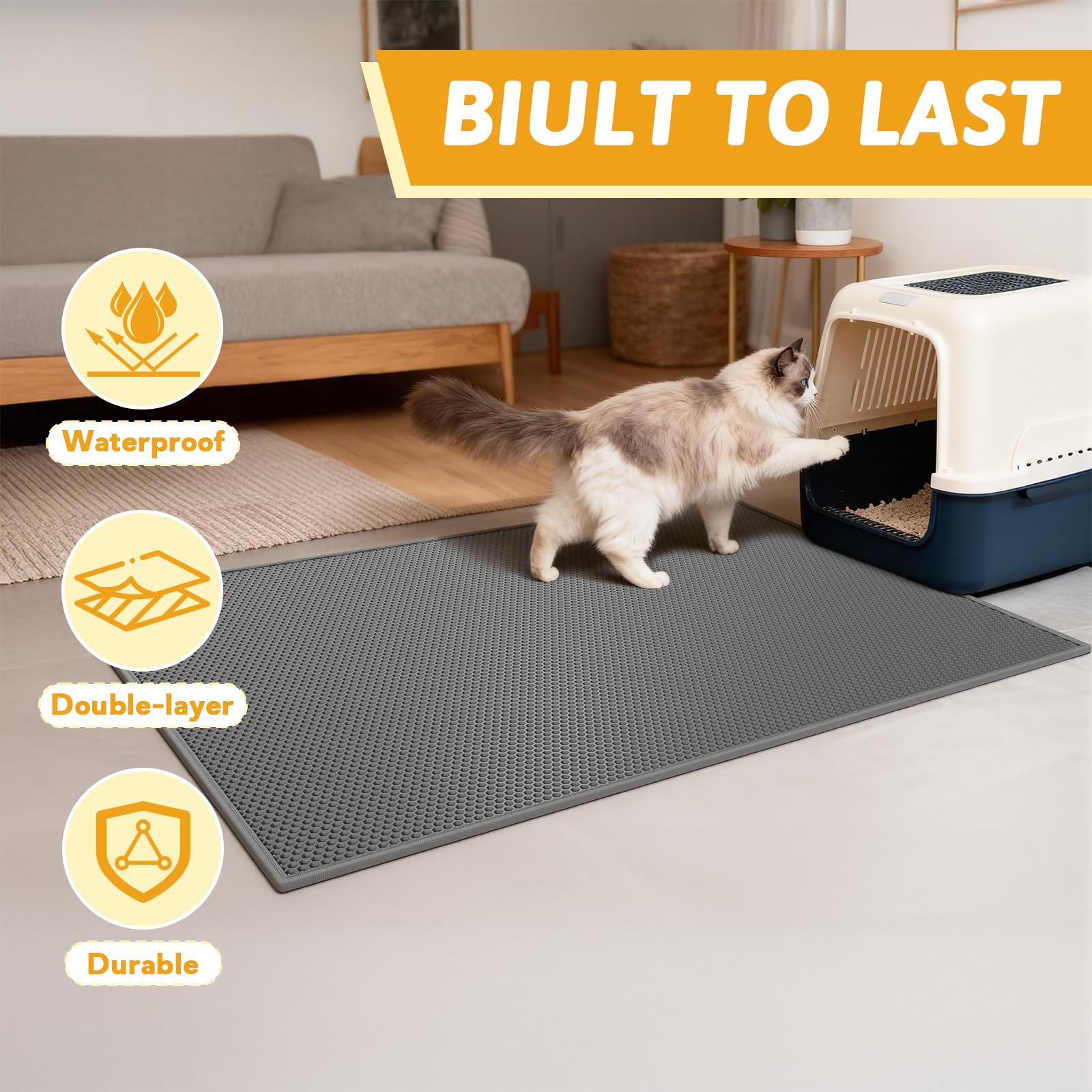 Pieviev tapis-litiere double-couche gris 47x36, convient pour différentes litières et boîtes.