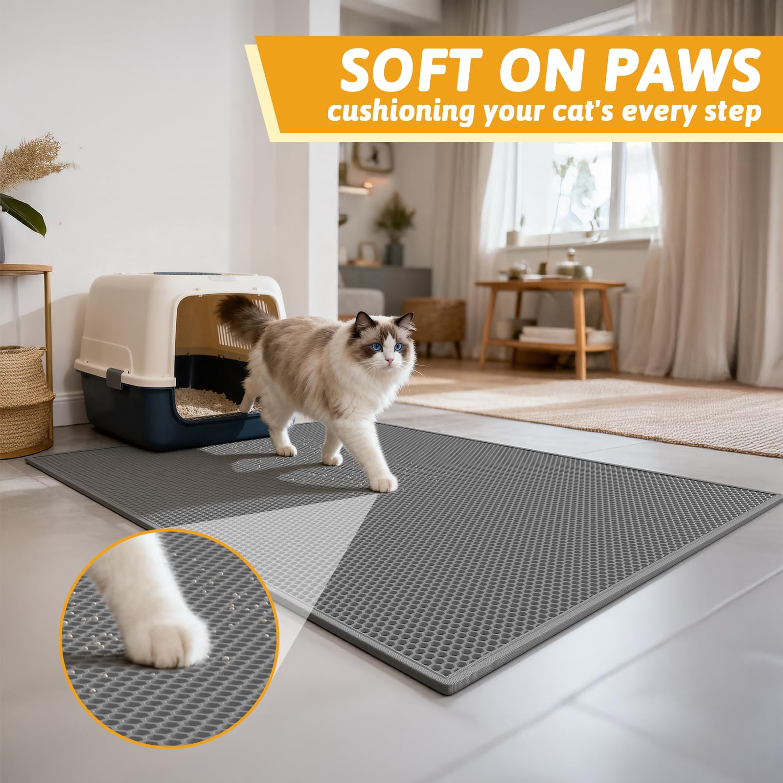 Pieviev tapis-litiere double-couche gris 47x36, doux pour les pattes et confort pour le chat.