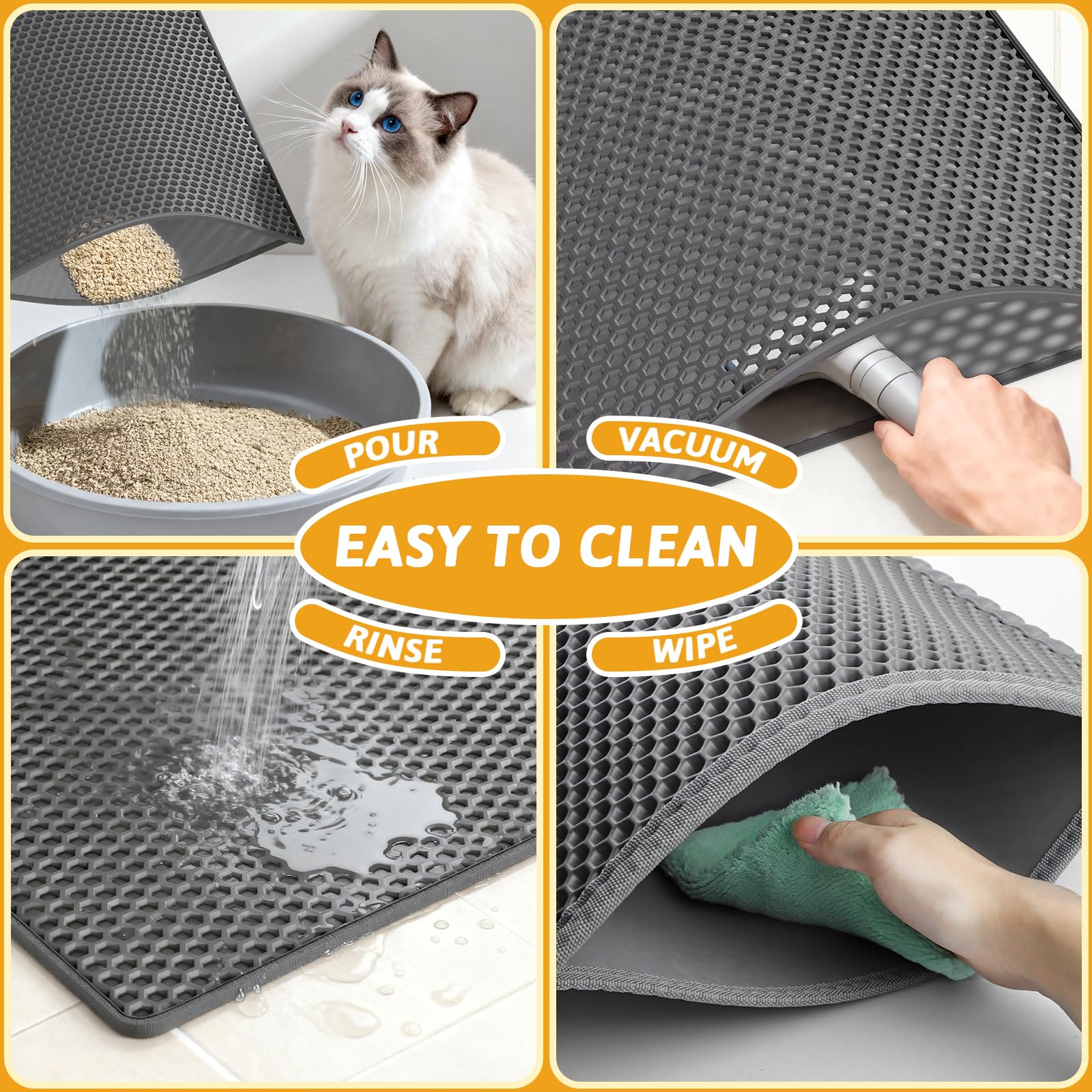 Pieviev tapis litière pratique; facile à nettoyer et à remettre en place.