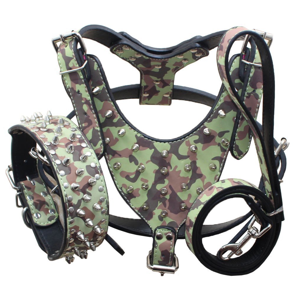 Harnais Pimaodog clouté en PU camouflage pour promenades audacieuses.