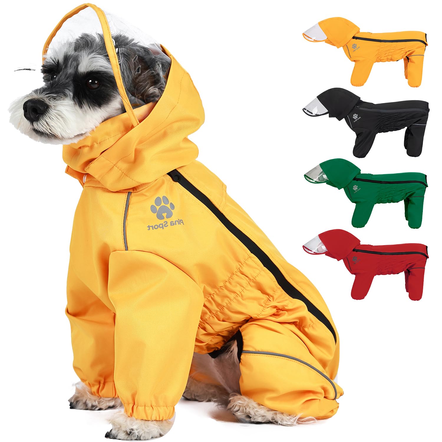 PINA imperméable pour chien avec capuche, protège de la pluie tout en restant léger.