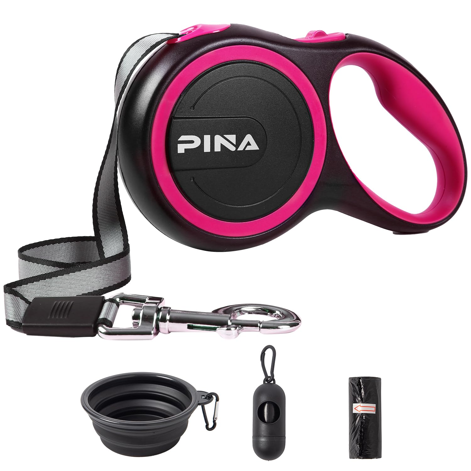 Laisse PINA 26 pieds noir et rose vue de face pour un contrôle facile en promenade