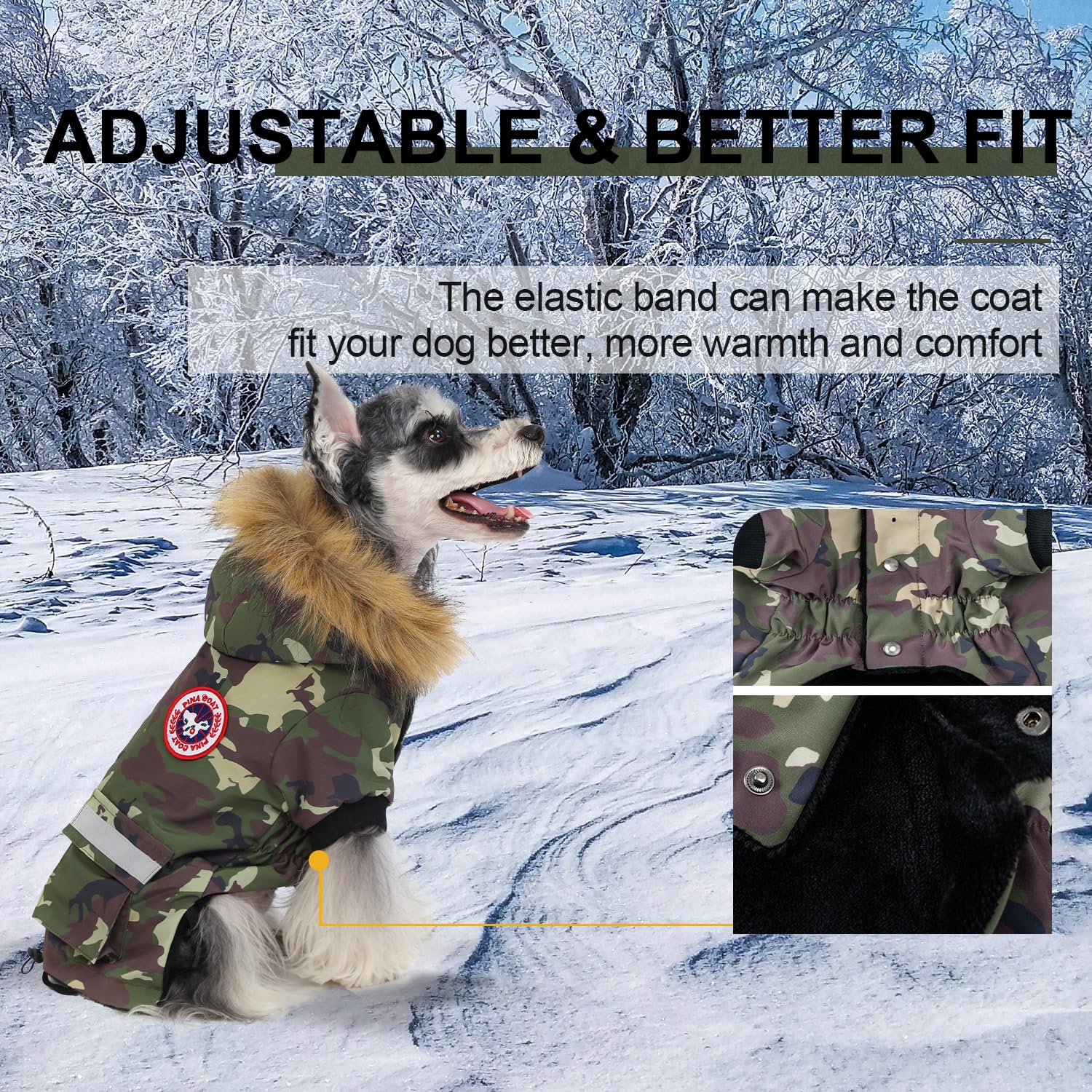 Détail imperméable PINA, tissu résistant à la pluie pour chien.