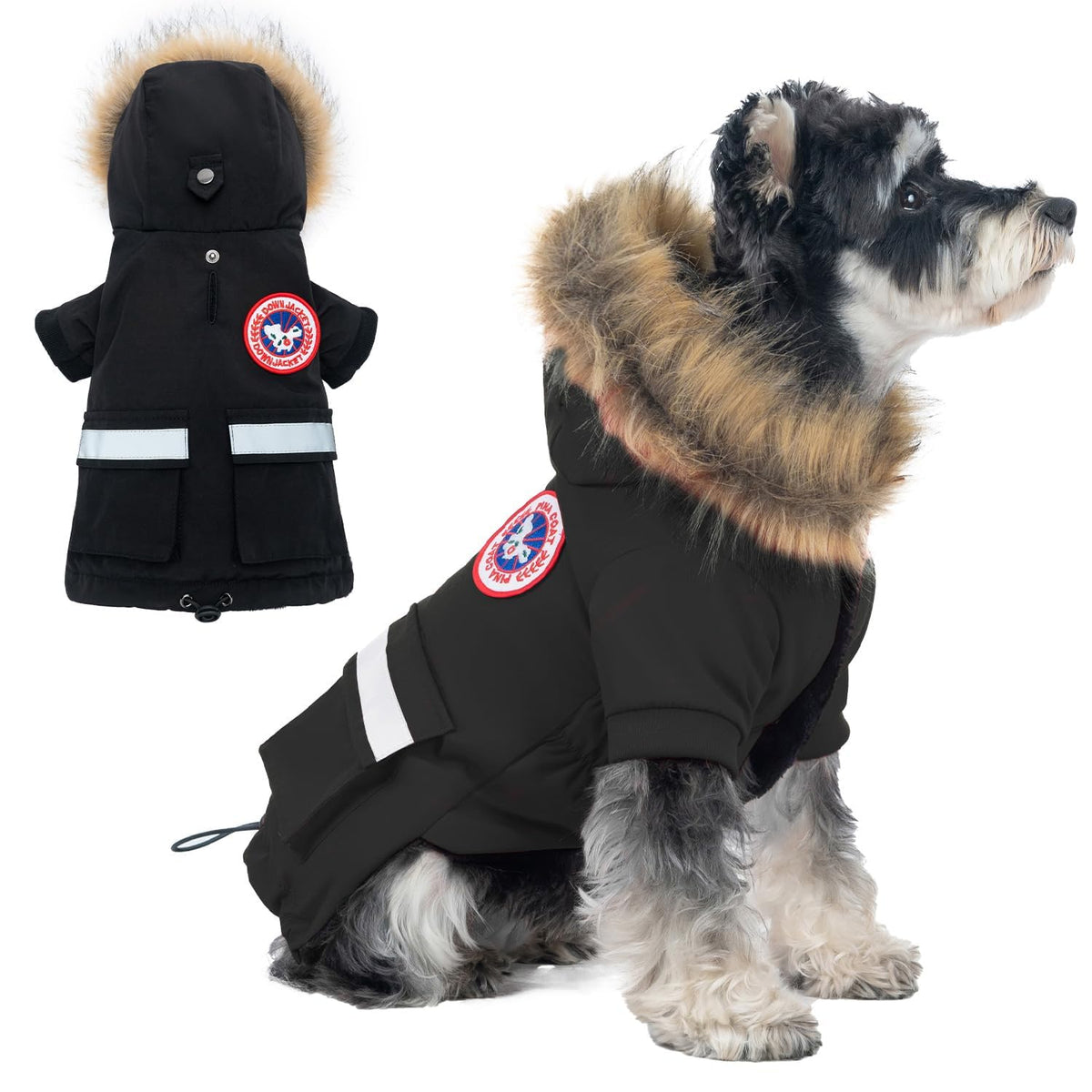 Manteau PINA pour petit chien avec capuche en fausse fourrure protège du froid.
