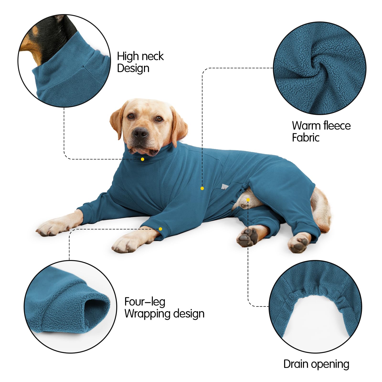 Texture polaire douce du manteau Pinellia pour chien turquoise, chaleur agréable.