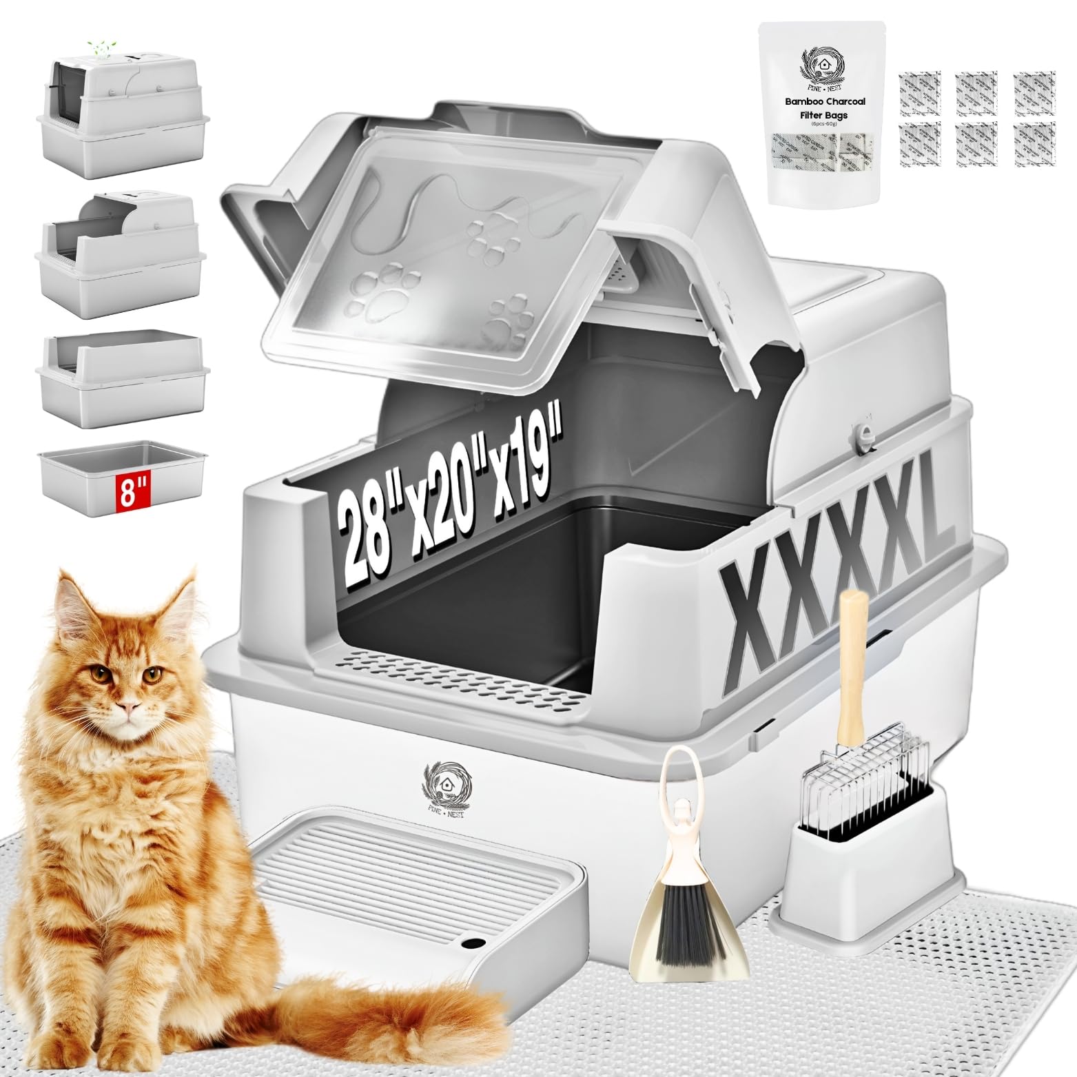 PINENEST boîte litière inox XXXXL avec couvercle pour Maine Coon, espace généreux
