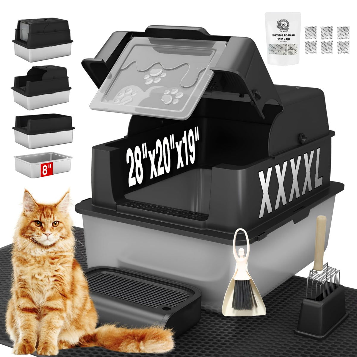 PINENEST XXXXL boite-litière inox ouverte, espace généreux pour gros chats