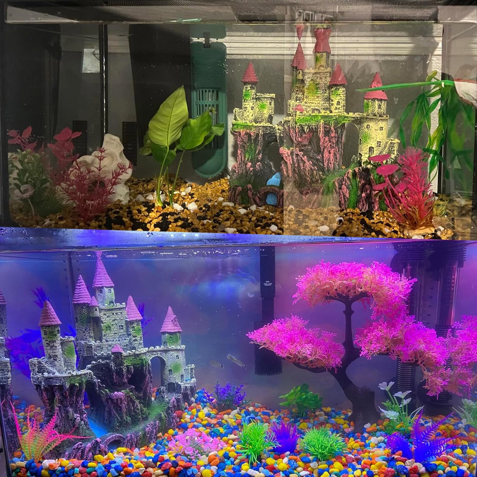 PINVNBY château en résine rose, détail intérieur pour aquarium attrayant.