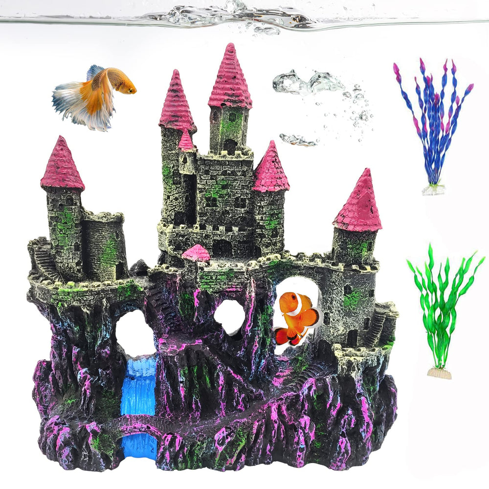 PINVNBY château en résine rose, face décorative et refuge sûr pour poissons.