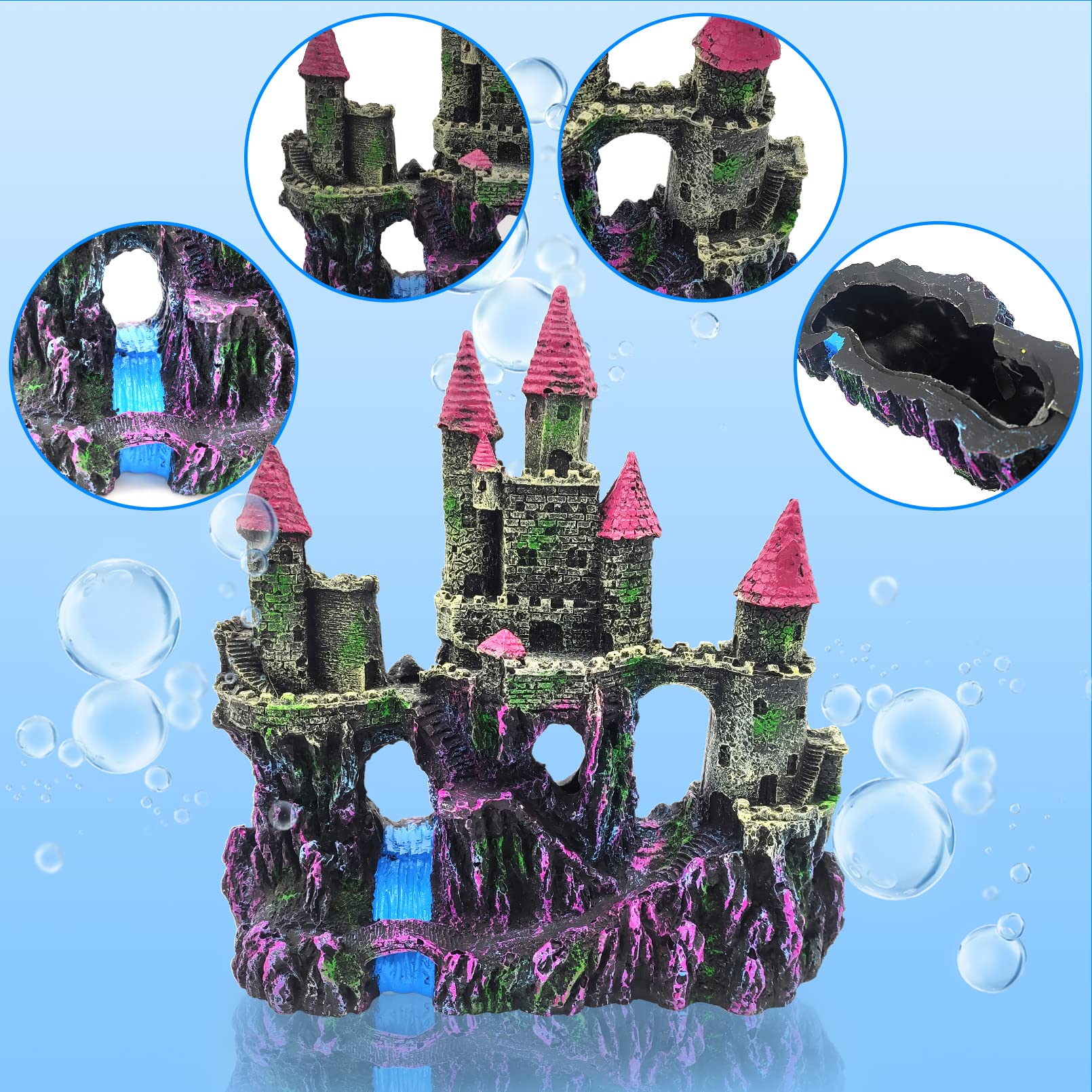 PINVNBY château en résine rose, abri et espace de jeu pour petits poissons.