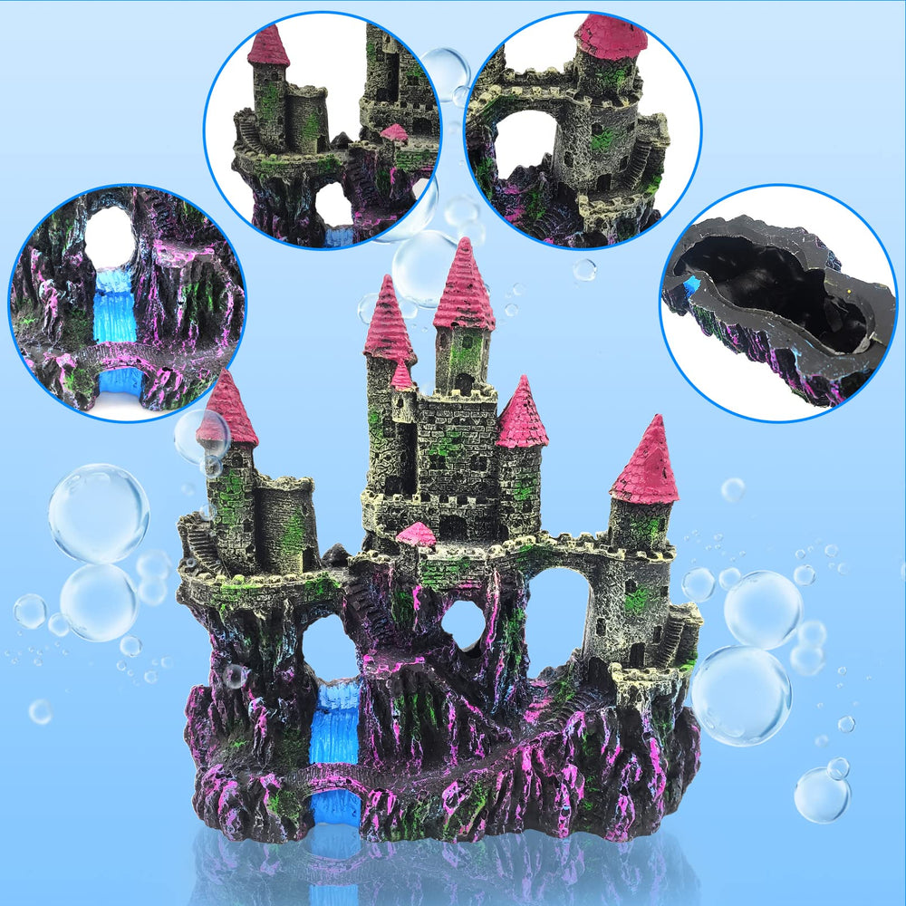 PINVNBY château en résine rose, abri et espace de jeu pour petits poissons.