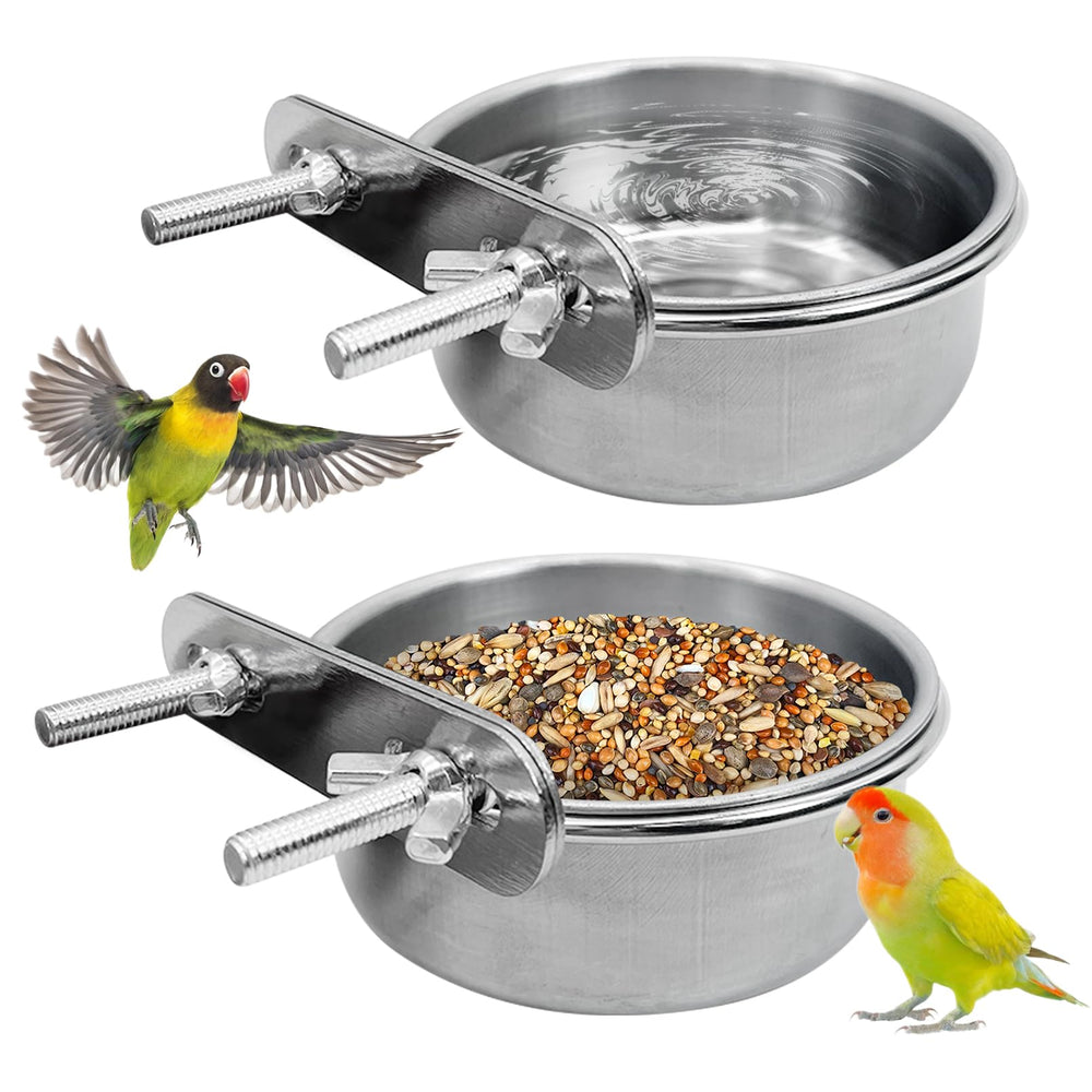 Bol PINVNBY en acier inox pour oiseaux avec pince de montage, accès rapide et durable.