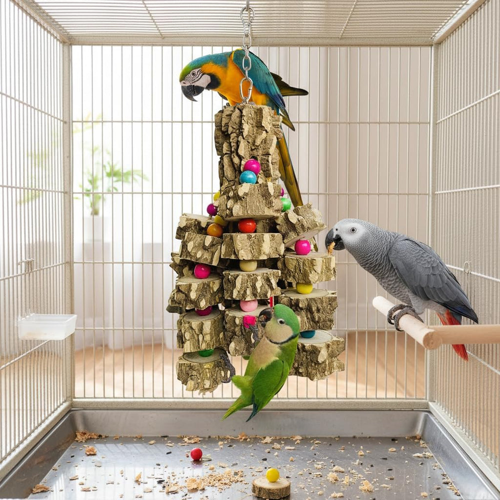 Jouet Pinvnby en bois et perles colorées pour grands perroquets, stimulation et divertissement.