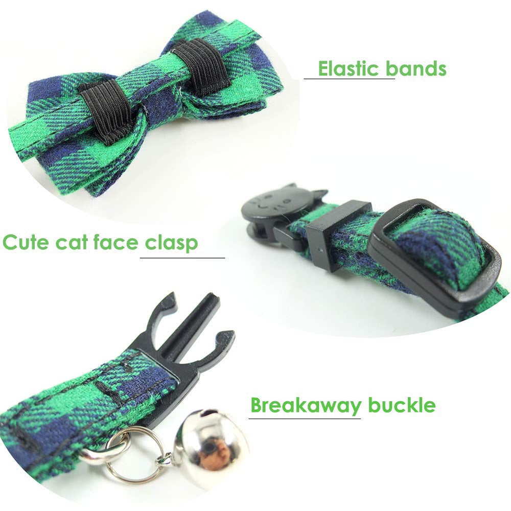 Collier coton doux Pipidog, confort quotidien pour chat plaid vert.