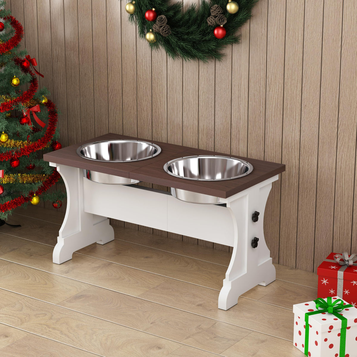 Piskyet bols elevés – vue haute du plateau, repas à hauteur naturelle pour chien.
