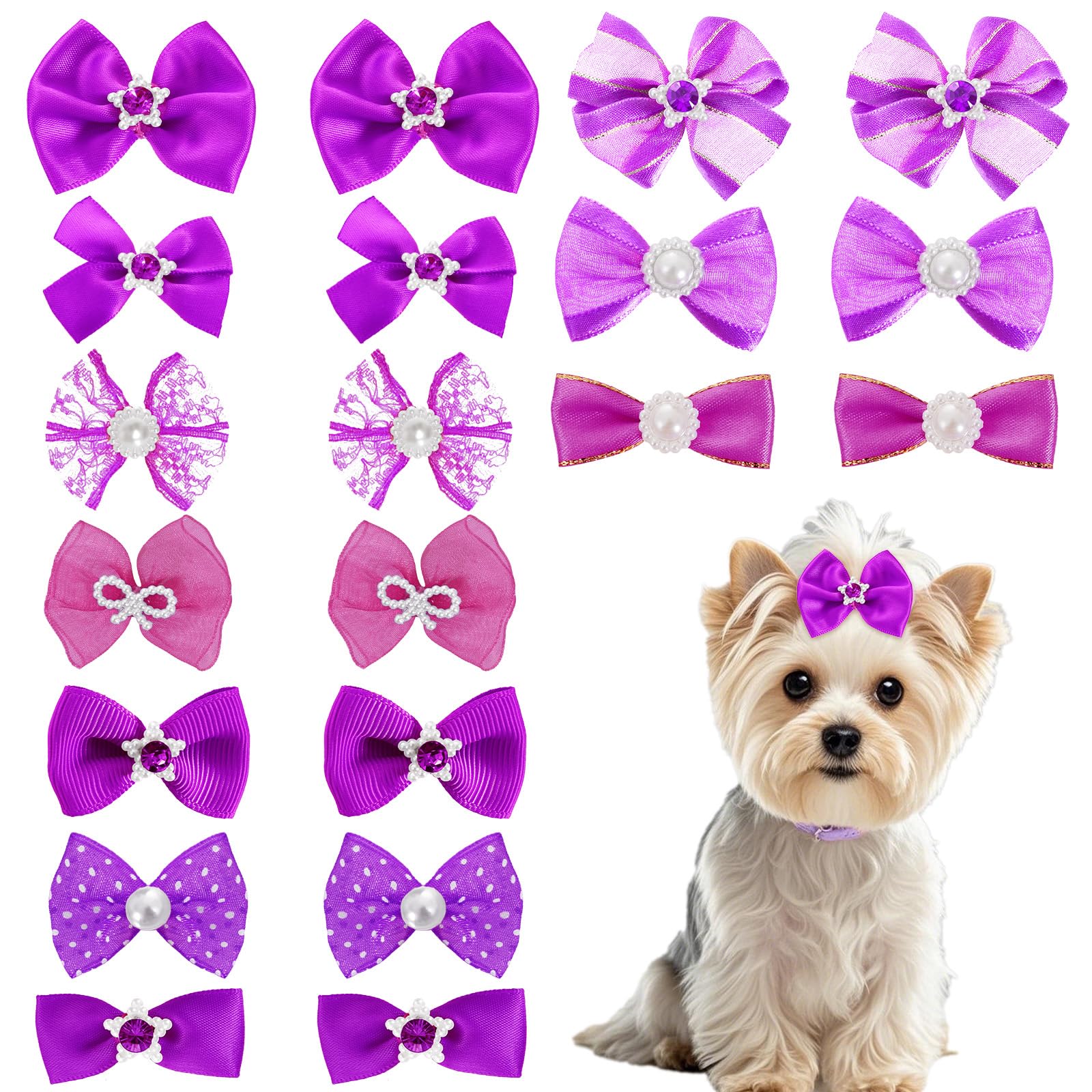 Broches Pistha pour poil de chien rose mesh avec strass et perles, parfaites pour photos.
