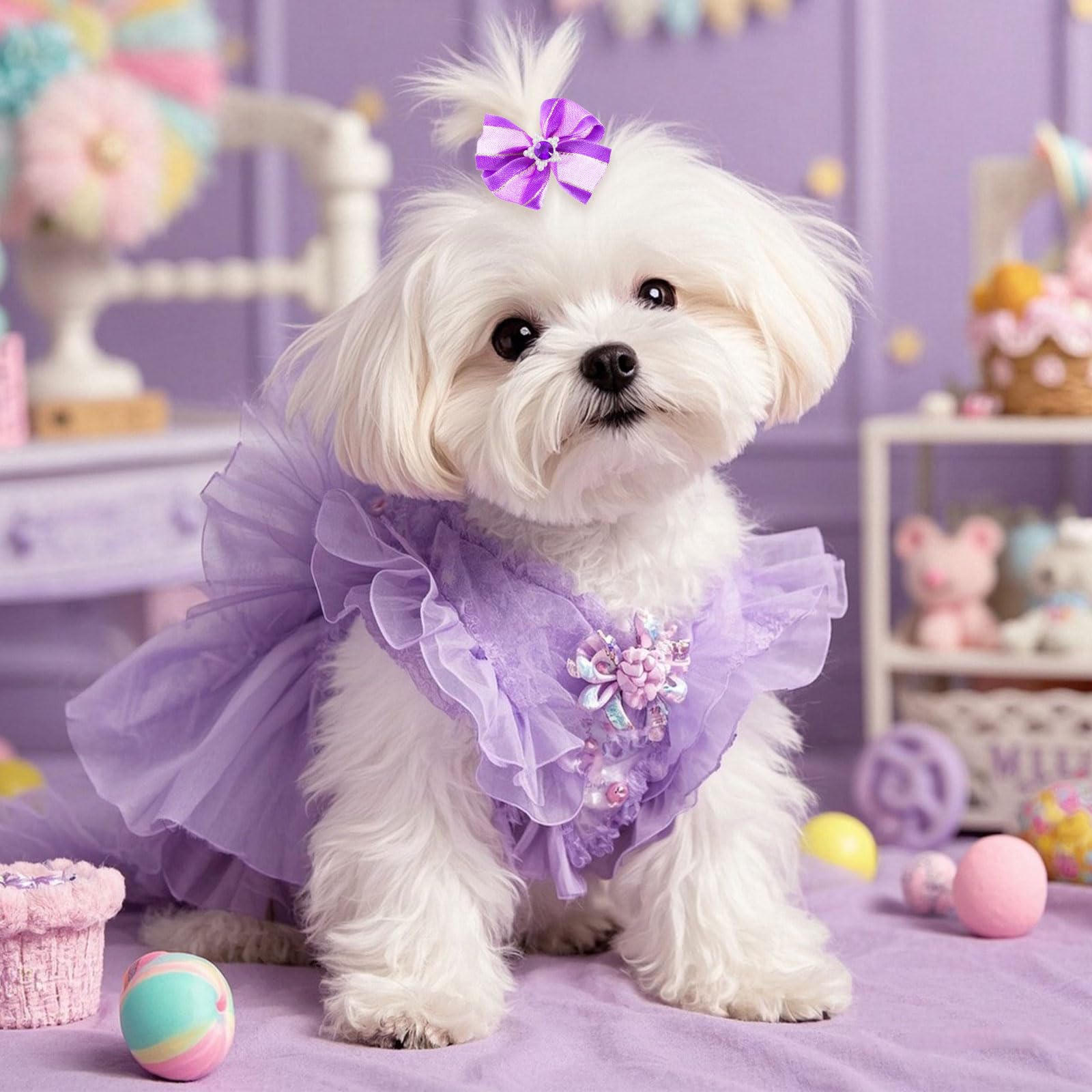 Pistha: nœud-cheveux-chien violet-bling-strass, parfait pour les fêtes.