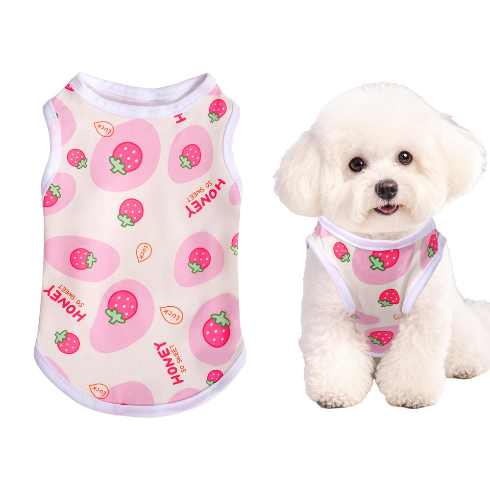 T-shirt Pistha pour chien rose avec imprimé fraises, idéal pour les sorties estivales.
