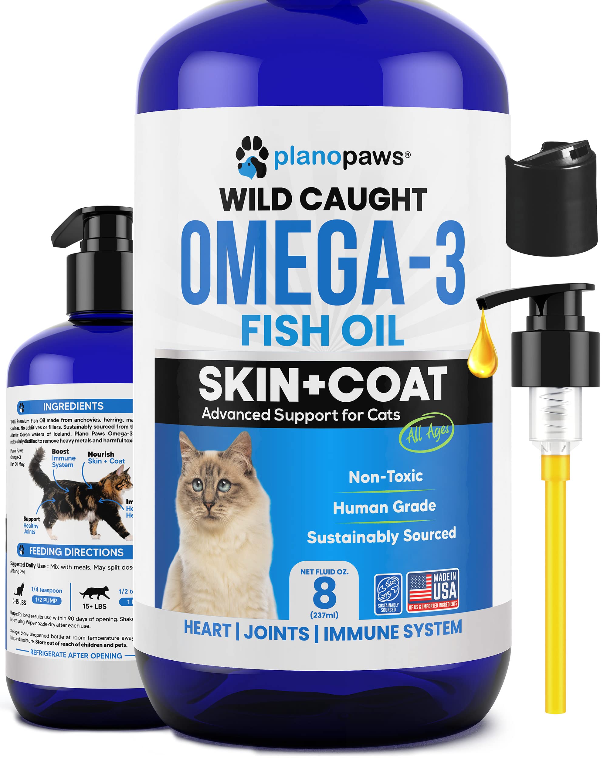 Planopaws bouteille-huile-poisson-chat – flacon facile à verser pour pelage et peau.