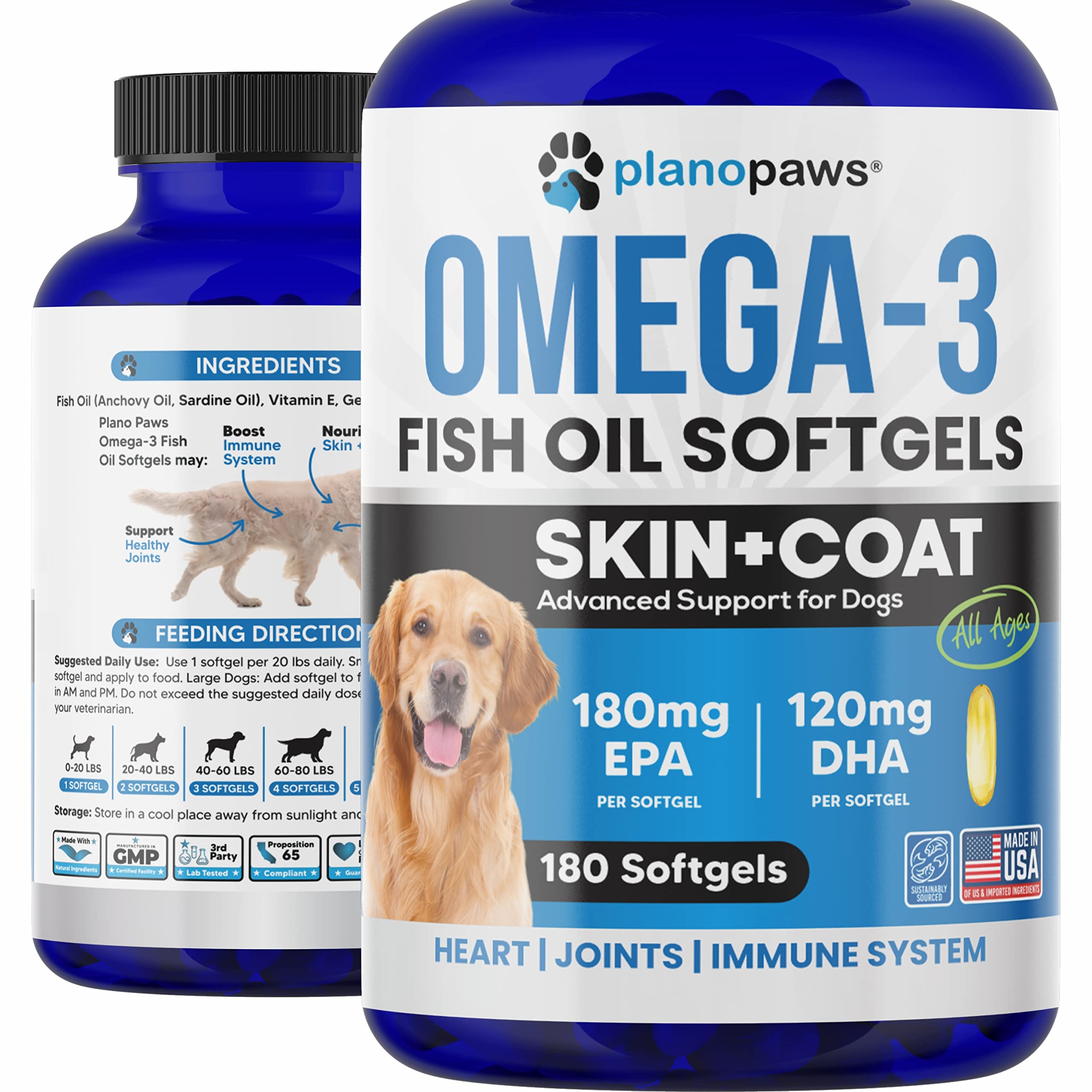 Planopaws huile oméga-3 chien – bouteille pratique pour la supplémentation quotidienne.