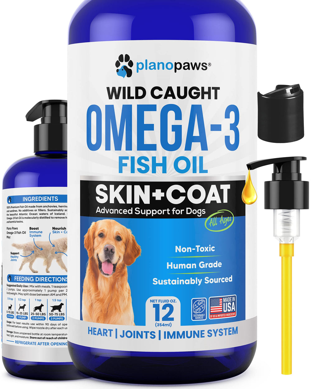 Planopaws Omega3 chien — bouteille pompe, administration simple sur les croquettes.