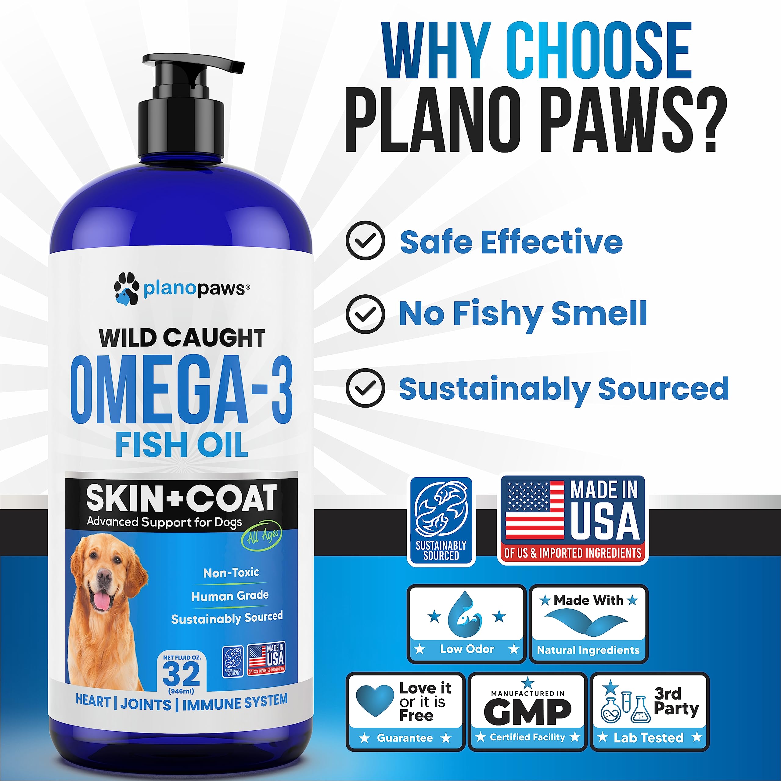 Plano Paws – huile liquide, pelage brillant et peau hydratée.