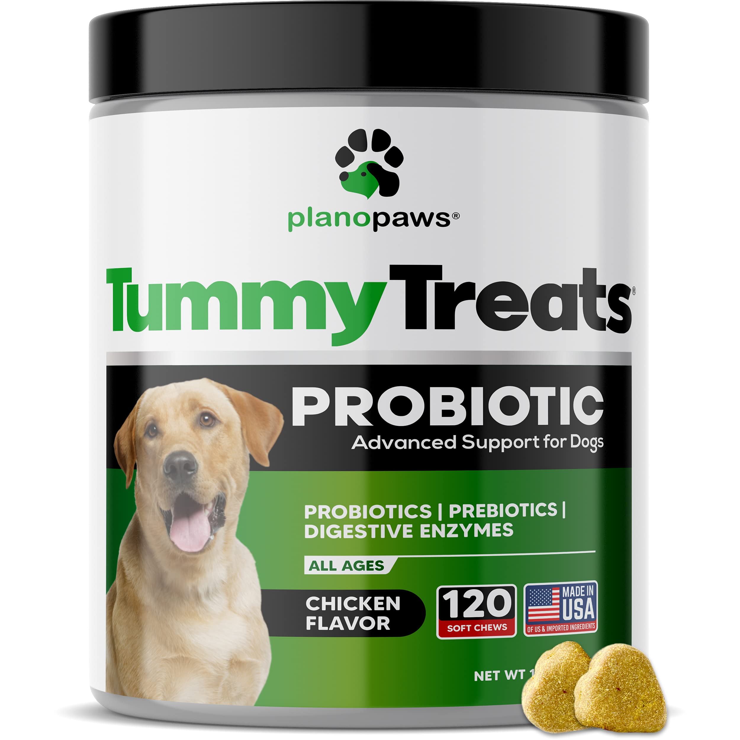 Planopaws Probiotiques pour chien – soutien digestif avec bouchées probiotiques.