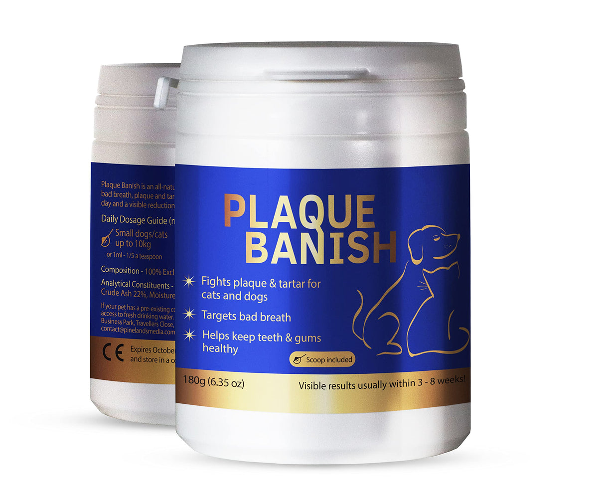 Plaque Banish, bouteille 180 g, pratique pour le soin dentaire des chiens et des chats.