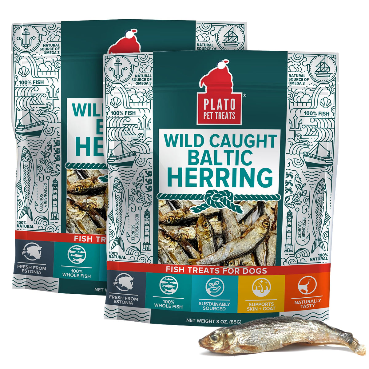 Friandises poisson seche a l air Plato, emballage visible, snack naturel pour chien.