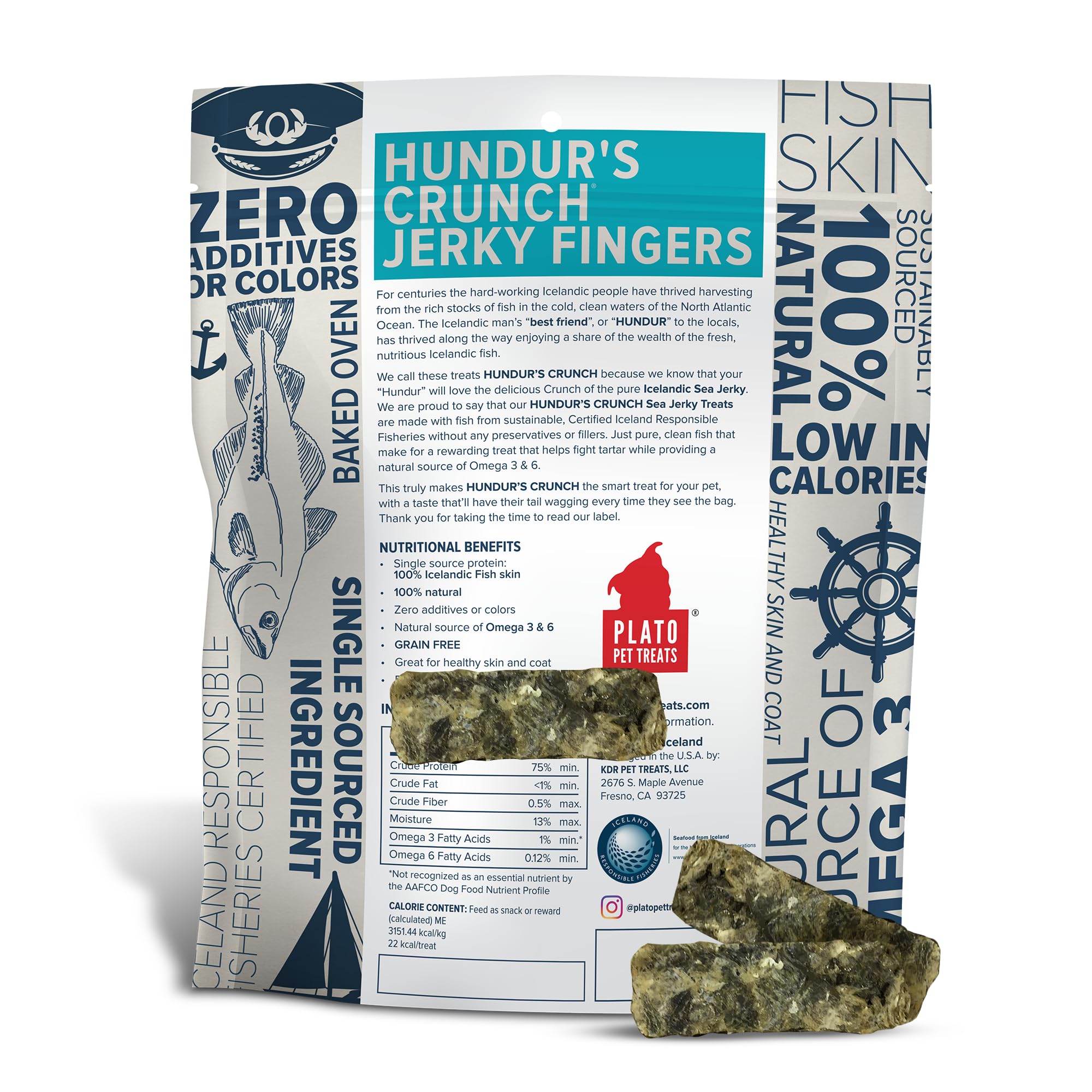 PLATO Hundur’s Crunch Fingers gros plan sur la peau de morue, source d’Oméga naturelle.