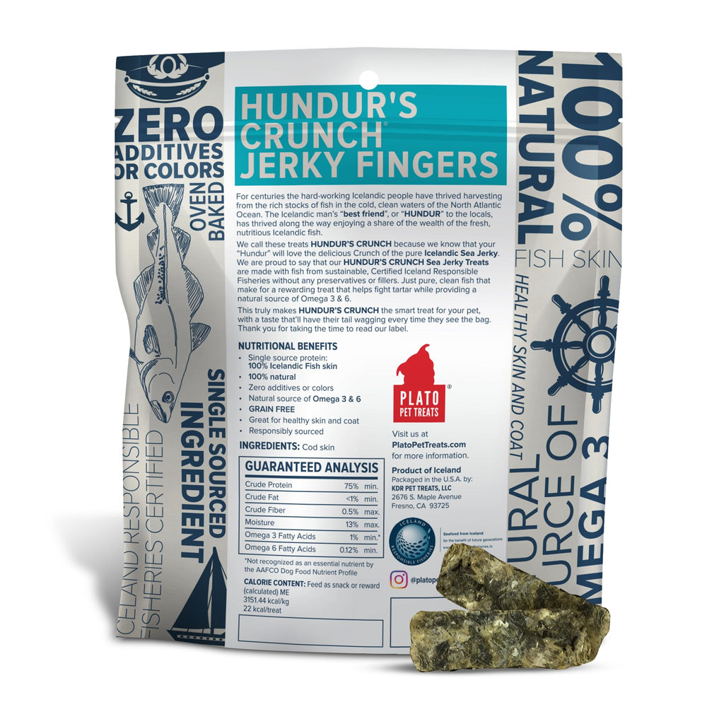 PLATO Hundur's Crunch — ingrédient unique peau de poisson, sans céréales.